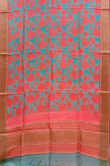 Sea-Blue & Orange Handloom Silk Printed  Saree