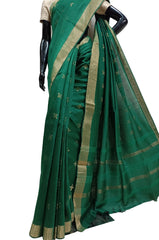 Bottel Green Hnadloom Tussar Silk Saree With Plain Zari Woven Border Shop Online at Balaram Saha  (2)