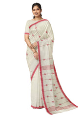 Off-White & Red Handspun  Handwoven Cotton Jamdani Saree