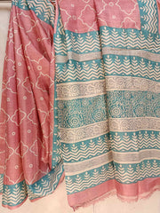 ( Peach ) Best Quality Handloom Tussar Silk Block Print Saree