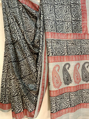 Black & Beige Best Quality Handloom Tussar Silk Block Print Saree