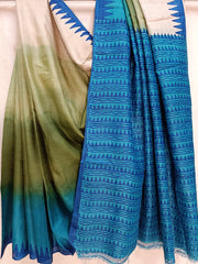 Blue & Beige Best Quality Handloom Tussar Silk Block Print Saree