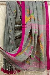 Grey & Purple Soft handloom Cotton Jamdani saree