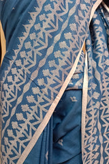 Blue & Hite Handspun Handwoven Cotton Dhakai Jamdani Sa