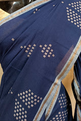 (INDIGO) HANDLOOM HANDSPUN HANDWOVEN JAMDANI SAREE Indigo With White Handloom Handspun Cotton Handwoven Dhakai Jamdani Geometric Woven Border and Anchal with all Body