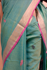 Sea Blue Handloom Fine Cotton Saree with Tussar,  Border, Fine  Quality Suta Ka sari