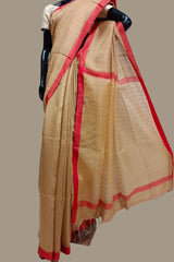Beige & Red Handloom Matka Sequin Weave Saree, silk suta ka sari