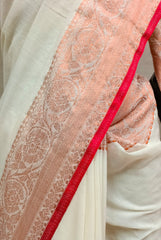 White & red soft cotton saree with red & copper zari border, this is pure Suta kata sari hai