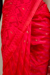 Red with red  self soft handloom Jacquard weave dhakai jamdani saree all over Saw on body & traditional Jamdani border and anchal