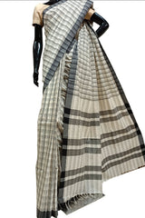 Soft Handloom Organic Cotton Checks Saree (Off-White& Black)