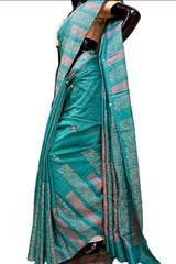 Sea-Green Handloom Hand Block Print Tussar Silk Saree