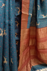 Indigo-Blue Handloom Tussar Printed Saree