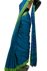 Blue Handloom Soft Cotton Saree With Green Border