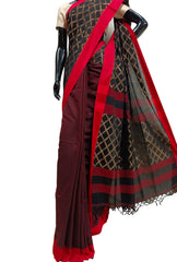 Black handloom Soft Cotton Saree With Red Border