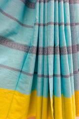 Sky Blue & Yellow Handloom Traditional Dhonekali Saree