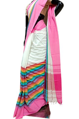 Off-White Soft Handloom Traditional Dhonekali Cotton Saree ( Rainbow Saree)