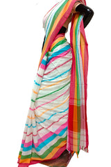 Off-White Soft Handloom Traditional Dhonekali Cotton Saree With Multicolour Stripes