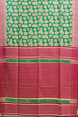 Beige & Green Handloom GhichaTussar Silk Printed Saree