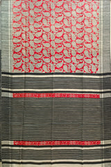 Red & Black Handloom Ghicha Tussar Silk Print Saree