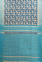 Beige & Blue Handloom Ghicha Tussar Silk Printed Saree