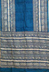 Blue & White Pure Bengal Silk With Handblock Print Saree