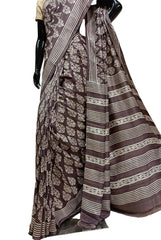 Brown & White Pure Bengal Silk Handblock Print Saree