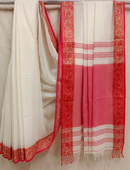 Off-Whit & Red Soft Premium Handloom Cotton Saree