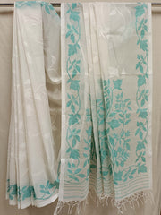 White & Green Fine Cotton Handwoven Dhakai Jamdani Saree