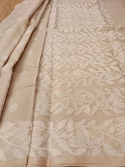 Light Beige & White handwoven Muslin Silk jamdani saree
