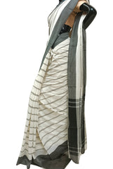 White & Black Soft Handloom Traditional Dhonekali Stripes Cotton Saree