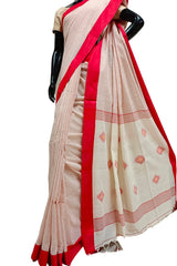 Off-White Soft Handloom Cotton Saree With Red Border