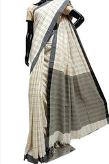 White & Back Soft handloom Organic Cotton Checks Saree