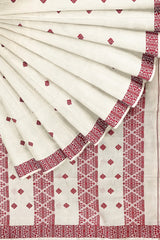 Off-White & Red Handloom Soft Cotton Saree With Red Geometric Woven Border & all Over Booties on Body & Woven Anchal