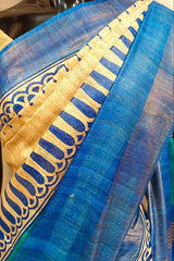 Off-White & Blue  Printed Ghicha Tussar Silk Saree With Zari &  Blue Contrast Solid Border