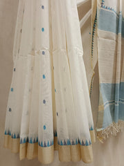 White and Blue Fine Handloom Cotton Handwoven Jamdani Saree