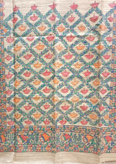 Beige & Multicolour Handloom Ghicha Tussar Silk Saree with Madhubani Hand Painting,