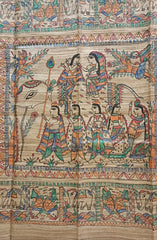 Multicolour Handloom  Ghicha Tussar Silk  Saree With Madhubani Print