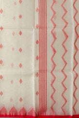 Off-White & Red Handloom Muslin Silk Jamdani Saree