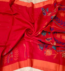 Red & Orange Matka & Muslin Silk saree with multi-color floral weave on border & anchal.