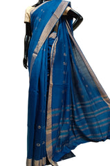 Blue Soft Handloom Tussar Silk Saree With Woven Zari Border