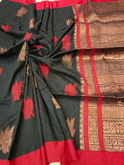 black & red handloom Cotton saree With Copper Zari geometric design weave on anchal & red & copper leaves woven on body