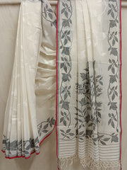 White & Black Fine Cotton Handwoven Dhakai Jamdani Saree