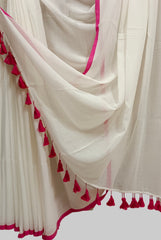 White & Purple Soft Handloom Mull Cotton Saree