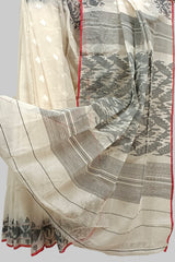 Off-white & Red Handwoven Bangladeshi Jamdani Saree