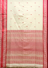 Handloom Cotton Saree With Fish Woven Red Border