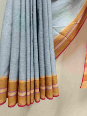 Grey Fine Handloom Traditional Dhonekali Cotton Saree