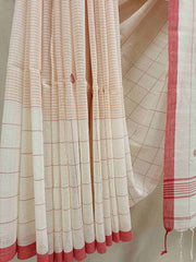 Off-White & Red Soft Handloom Stripes Cotton Saree