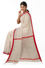 White & Red Soft Handloom Matka Silk Siqueen Woven Saree