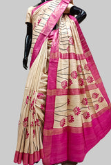 OFF-WHITE & PURPLE PRINTED GHICHA TUSSAR SILK SAREE