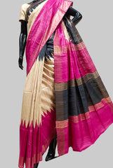 Off-White With Black & Deep Pink  Printed Ghicha Tussar Silk Saree With Zari &  Black Deep Pink Contrast Solid Border